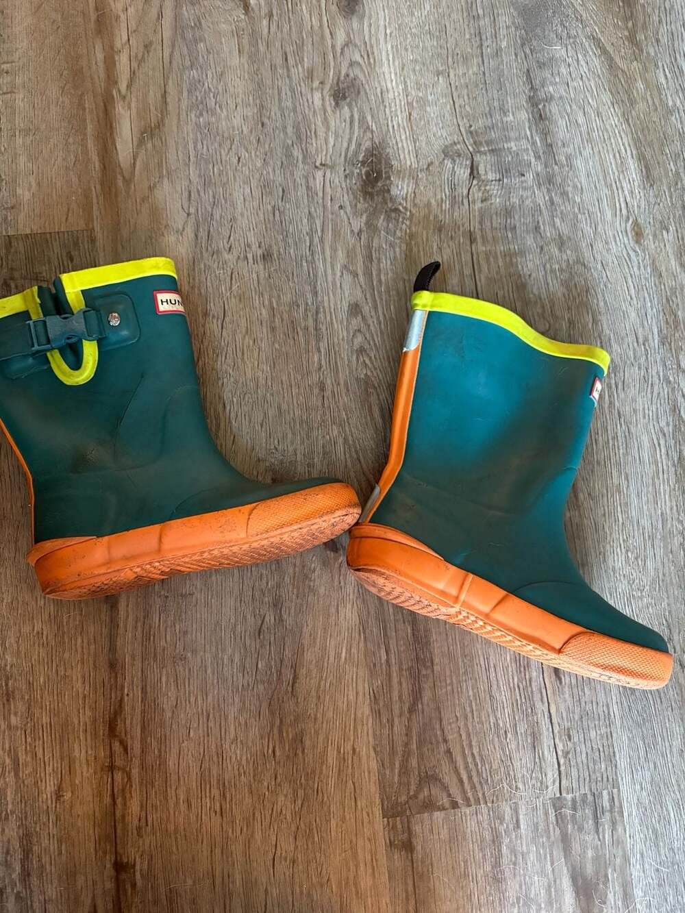Hunter Kids Teal and Orange Rain Boots with Yellow Trim